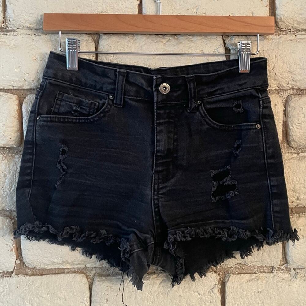 Wax Jean Black‎ Distressed High-Rise Cut-Off Denim Shorts Size S